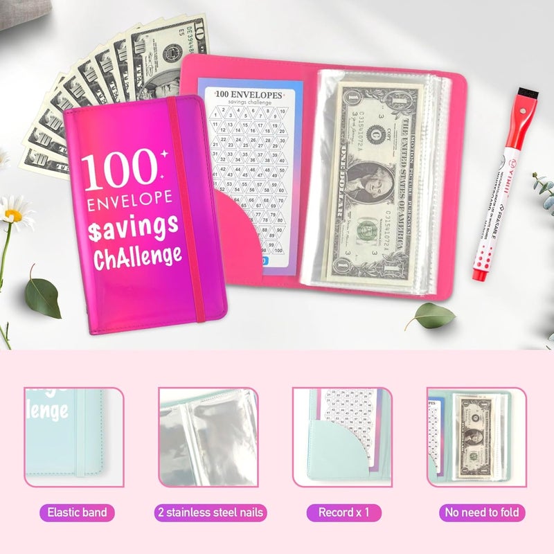 gusutide 100 Envelope Money Savings Challenge Binder, Money Saving Binder with Cash Envelopes, from 30 Days to 52 Weeks, to Save $500,$5,050 and $10,000, back to school supplies,gift for children (fuchsia rose-A6) - Image 3